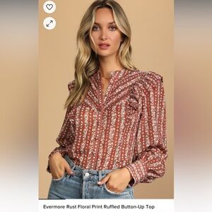 Lulus Evermore Rust Floral Print Ruffled Button-Up Top size XL